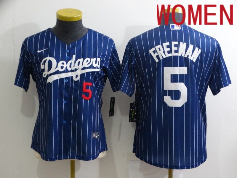 Women Los Angeles Dodgers #5 Freeman Blue Stripe Throwback Nike 2022 MLB Jerseys